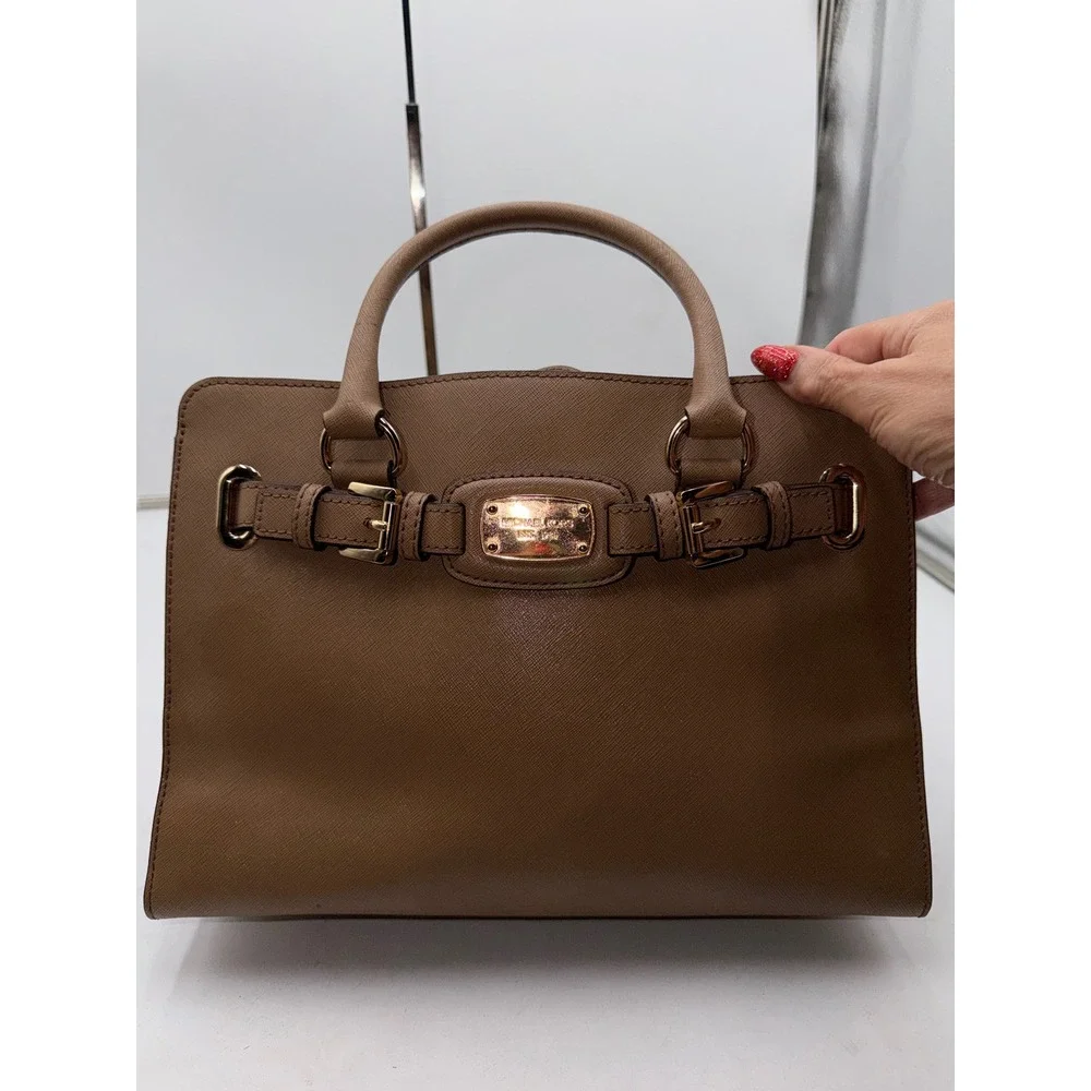 Michael Kors Hamilton Satchel Luggage Brown Saffiano Leather Handbag Gold Tone